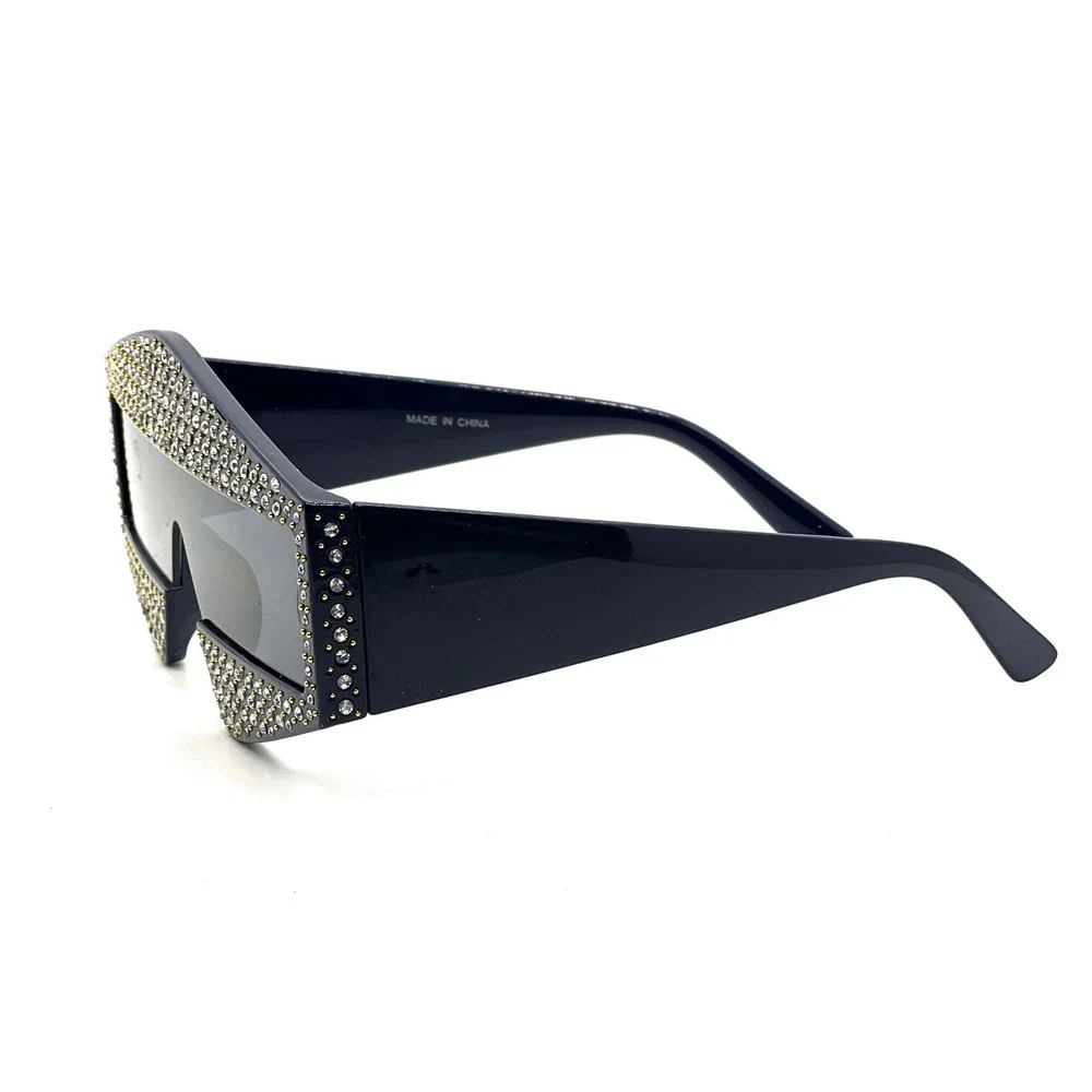 Black Rectangular Frame Women Sunglasses‎ Embellished small Crystals Rhinestones